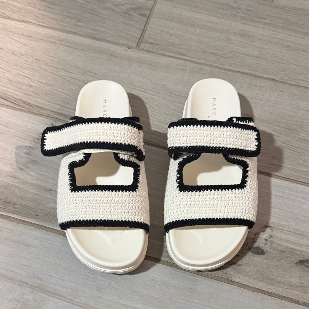 Marc Fisher White Crochet Slides with Black Trim